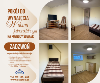 Suwałki (północna część miasta) - Do wynajęcia pokój z kuchnią i łazienką 